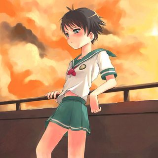 126902 - 1girl antenna_hair bare_legs blue_eyes blue_skirt brown_hair cloud cloudy_sky emblem idolmaster idolmaster_xenoglossia kikuchi_makoto leaning outdoors pleated_skirt railing sailor_collar school_uniform serafuk.jpg