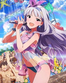 563-1girl _d artist_request audience bikini bow bracelet cloud day earrings hair_bow hairband jewelry jpeg_artifacts lens_flare long_hair looking_at_viewer microphone music navel necklace official_art open_mou.jpg